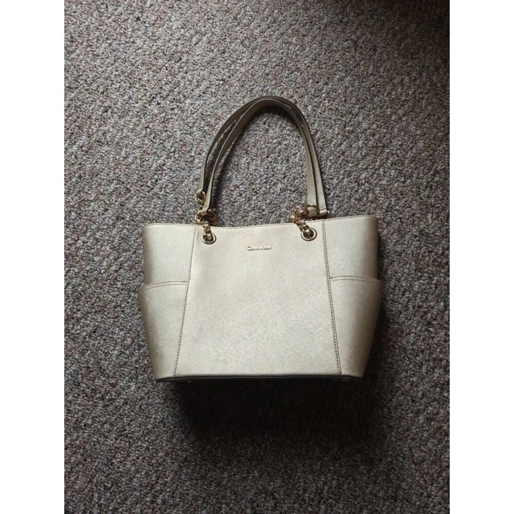 Calvin Klein Large Leather Tote Handbag - Elegant - Authentic - Gold Color